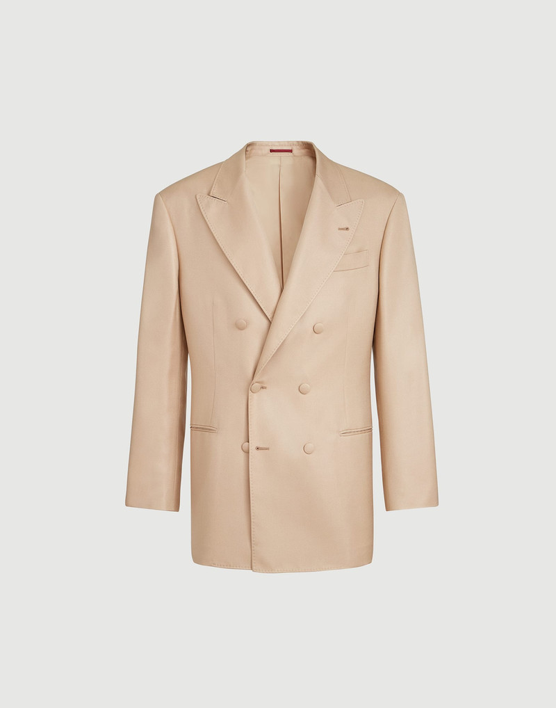 Silk diagonal one-and-a-half breasted tuxedo jacket with peak lapels 1