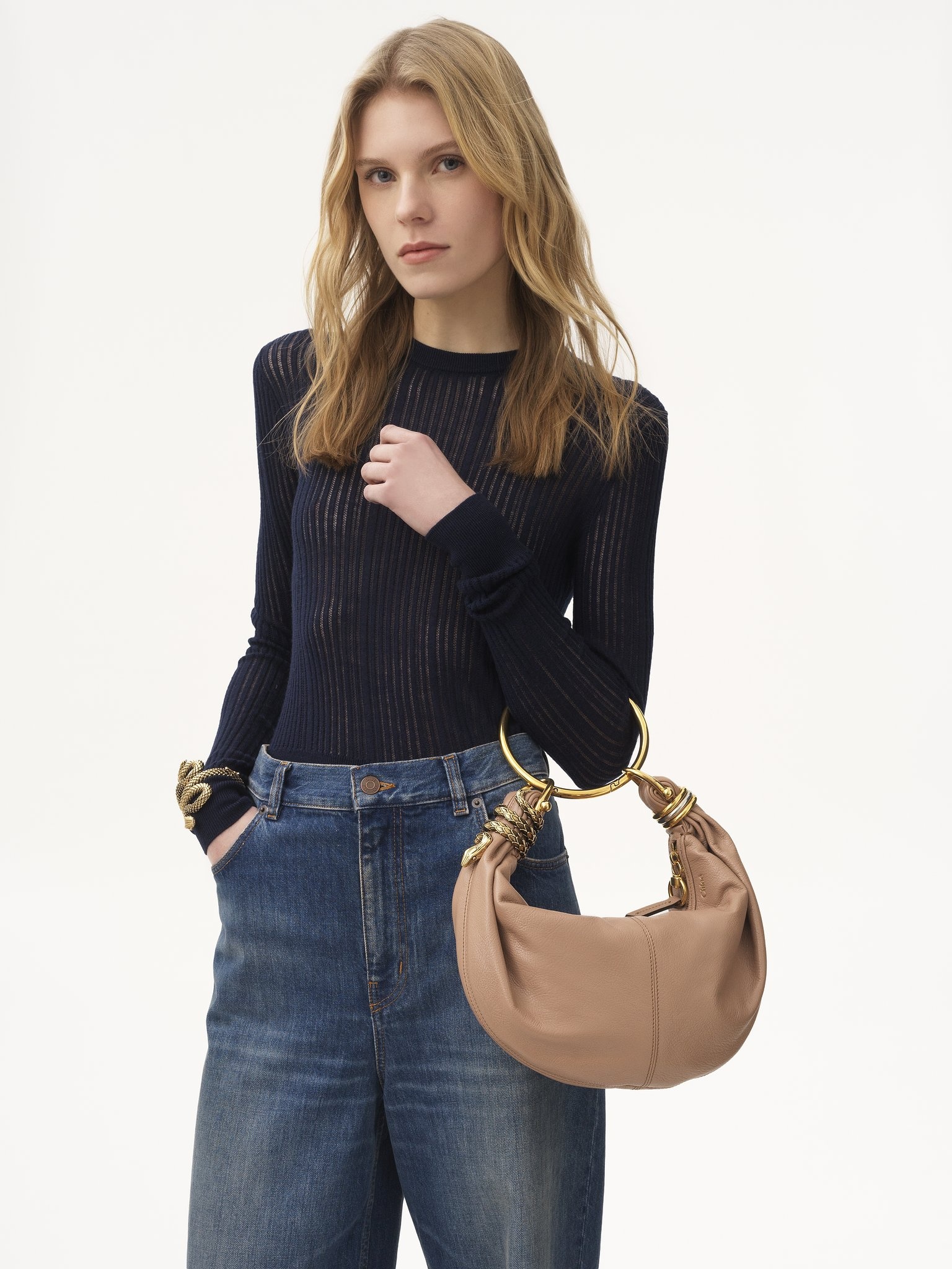 SMALL SNAKE BRACELET HOBO BAG IN GRAINED LEATHER - 8