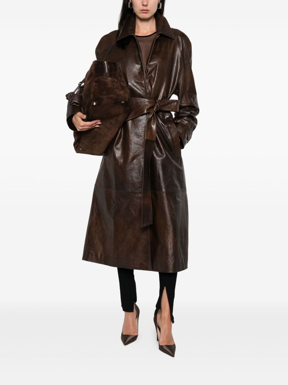 belted leather coat - 2