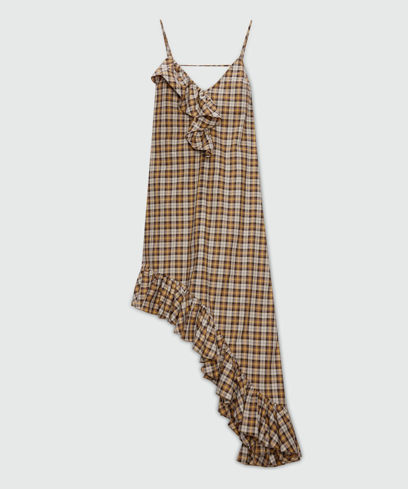 Brown asymmetrical midi dress in check cotton. 1