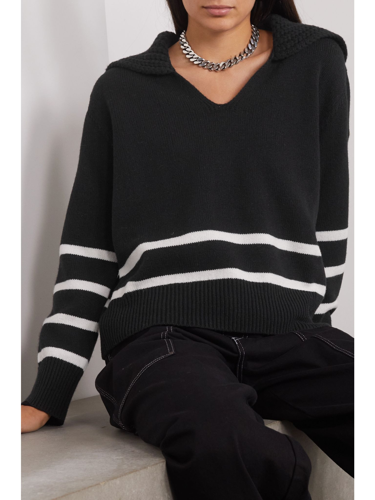 Appliquéd striped wool and cashmere-blend sweater Black - 3