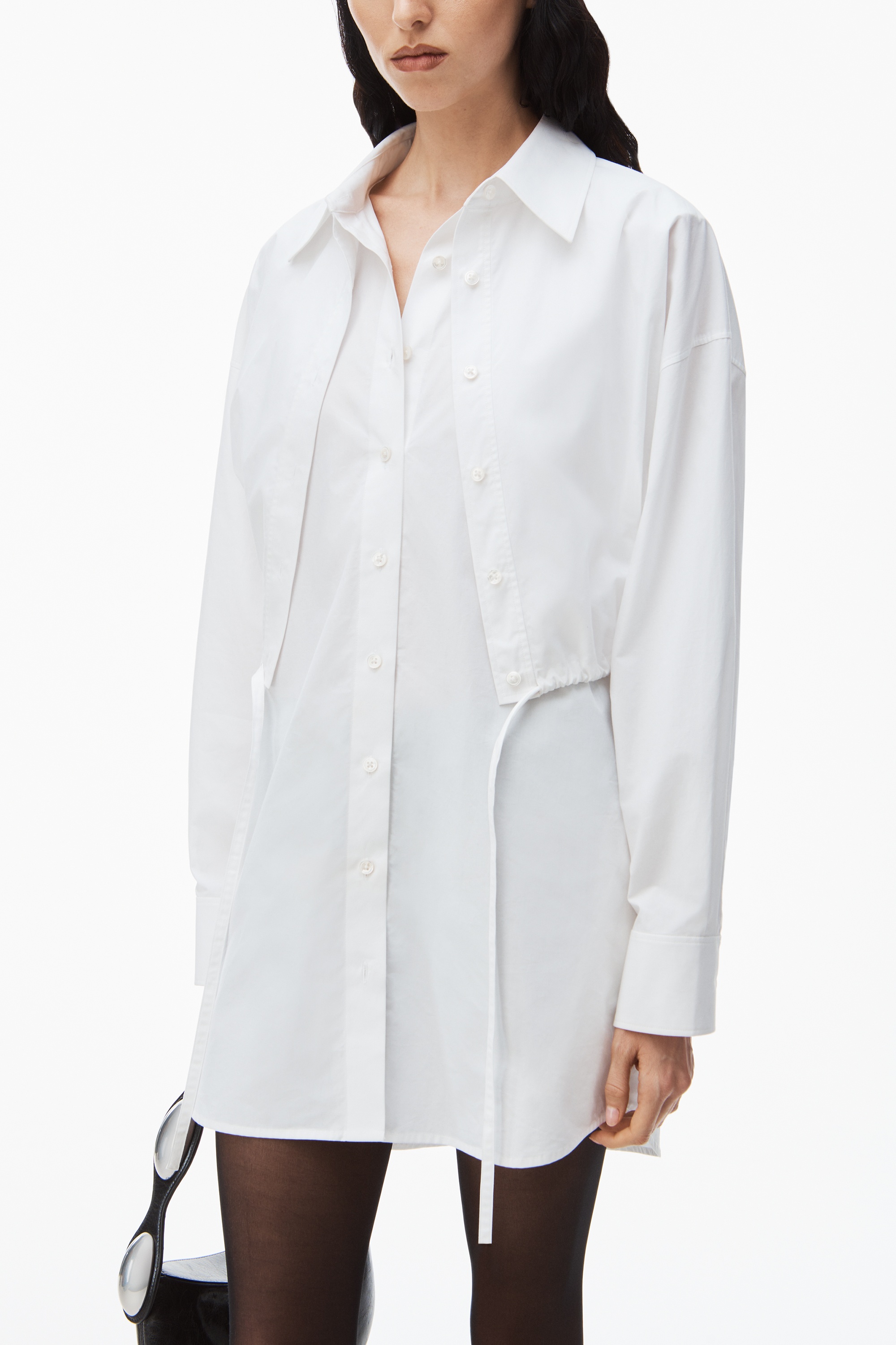 layered shirt dress in compact cotton with self-tie - 3