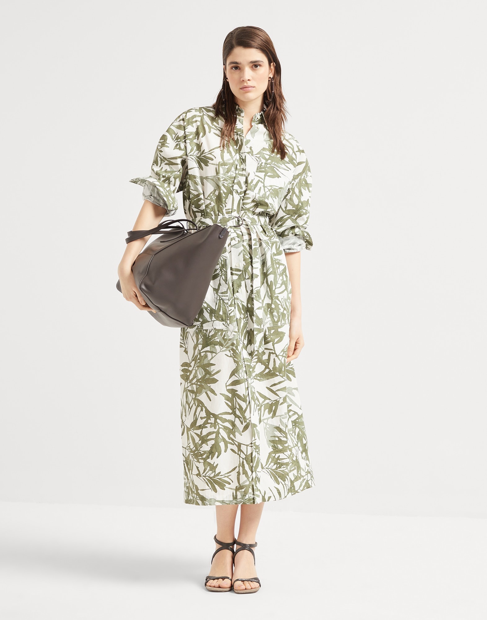 Cotton herbarium print poplin belted shirt dress with shiny collar detail - 5
