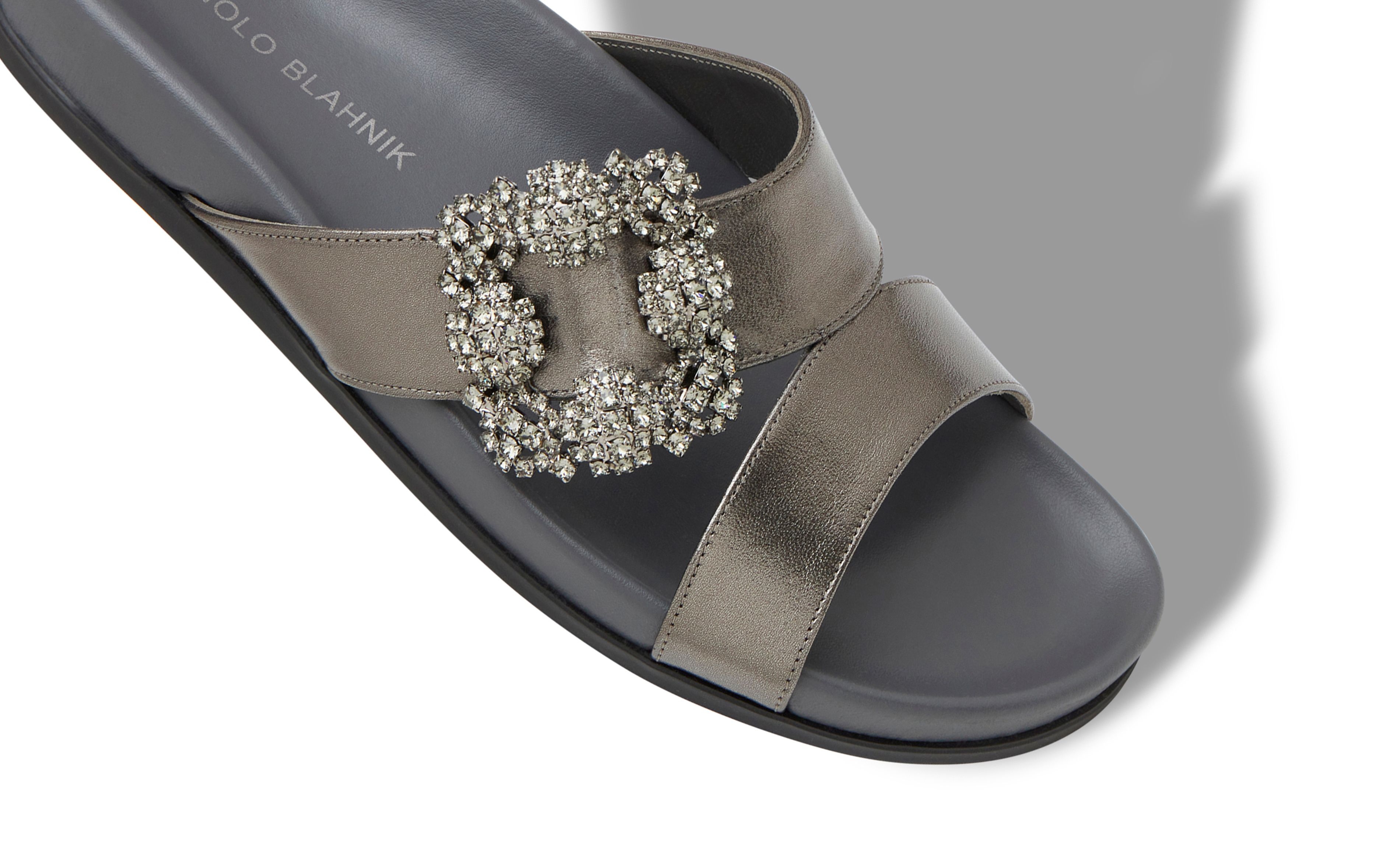 Graphite Nappa Leather Jewel Buckle Flat Mules - 4