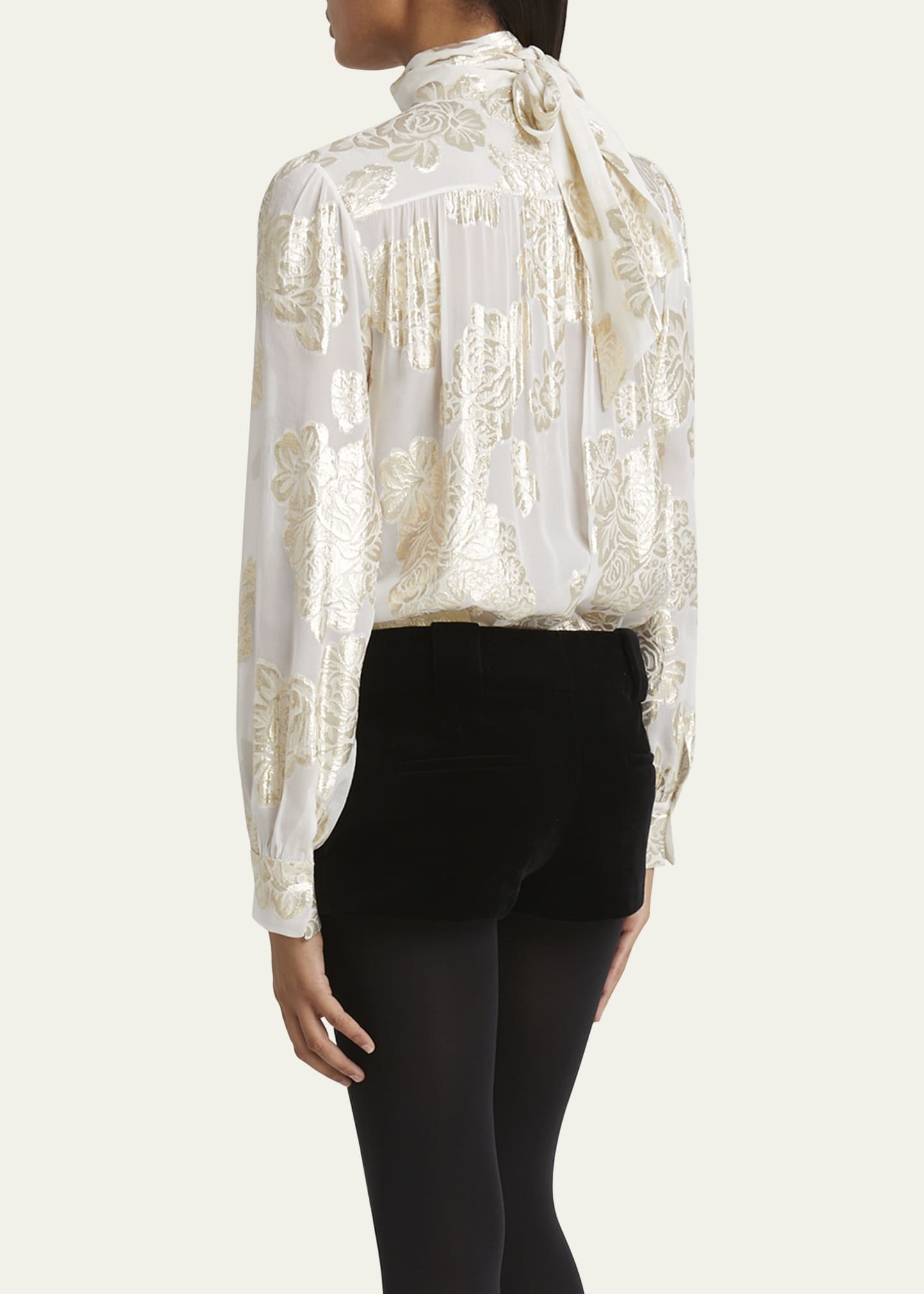 Metallic Floral Silk Scarf-Neck Top - 3