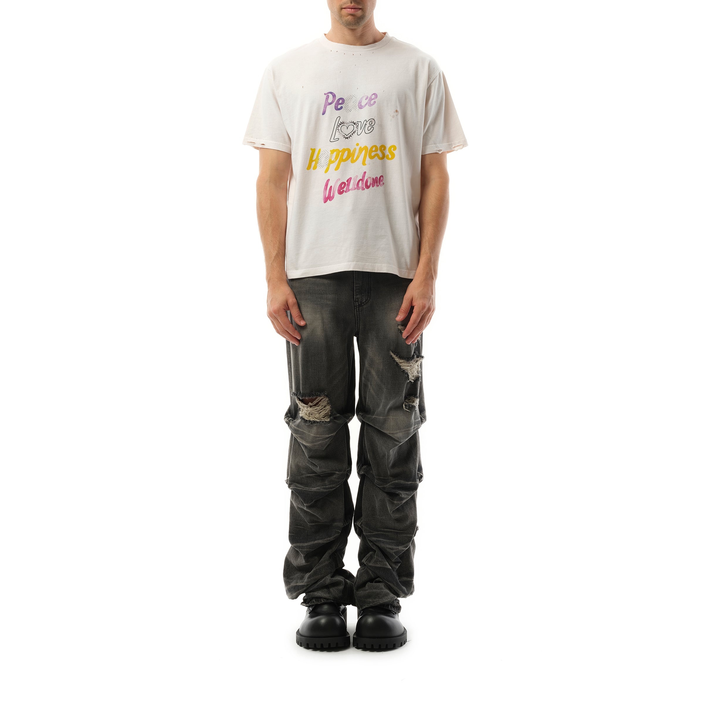 White Lettering Print Distressed T-Shirt in White - 4