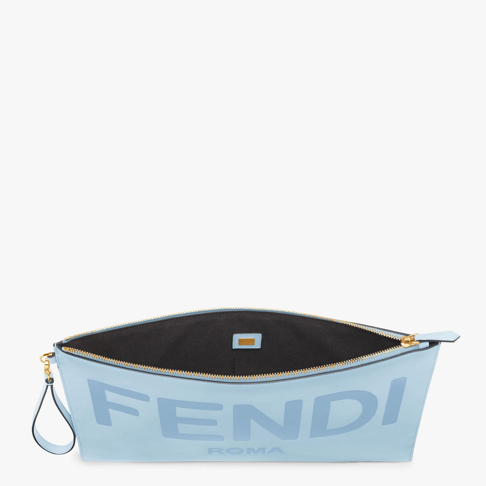 Large pouch with removable bracelet handle. Zip fastening. Made of leather shades of light blue. Emb - 3