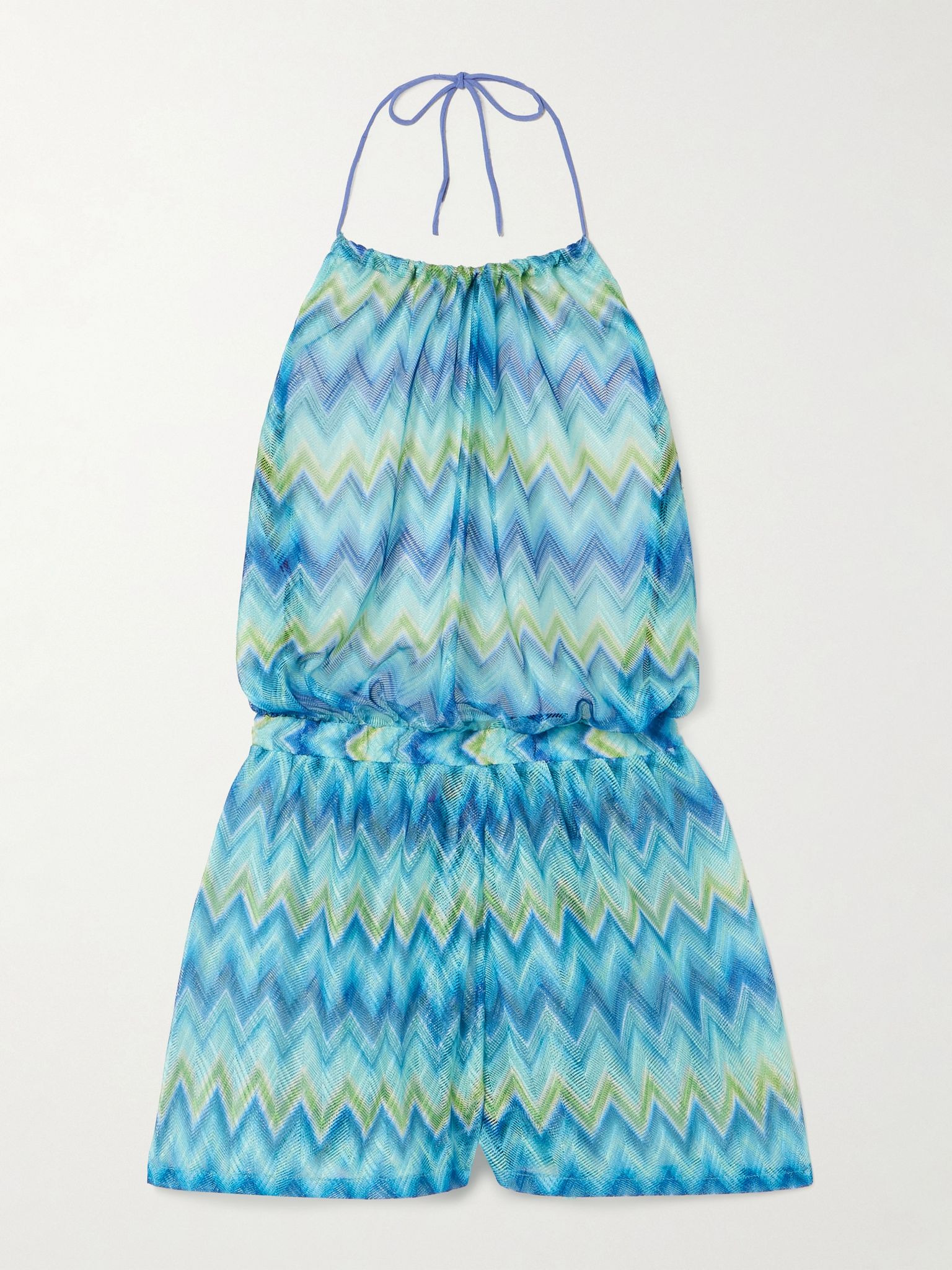 Open-back printed stretch-tulle halterneck playsuit Turquoise - 1