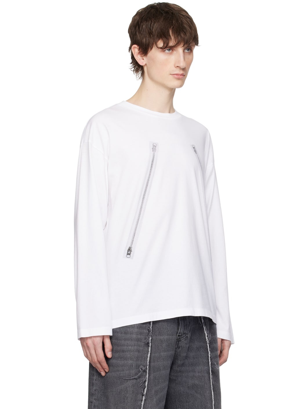 White Rasterised Zip Long Sleeve T-Shirt - 2