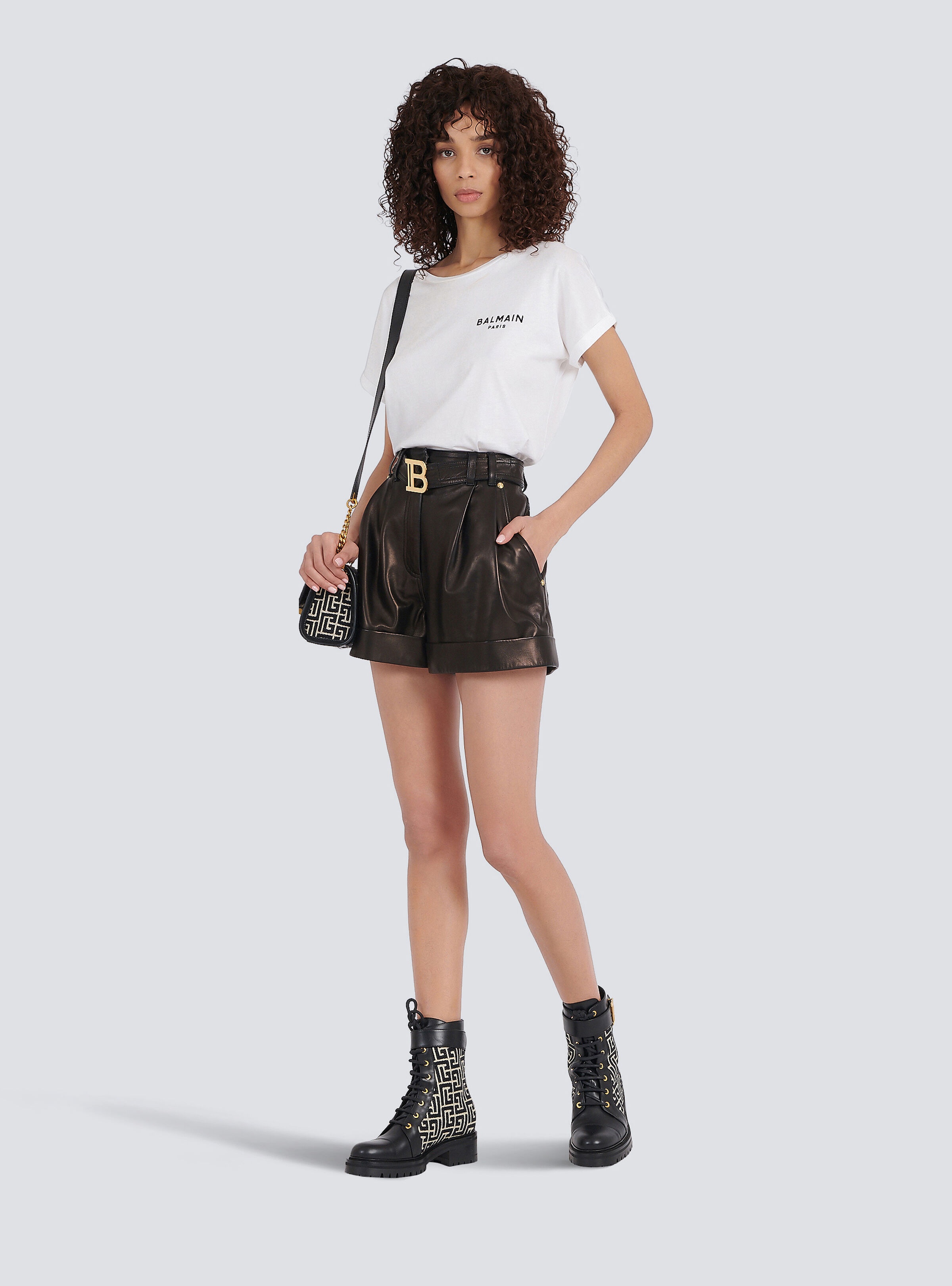 High-waisted leather shorts with Balmain buckle - 2