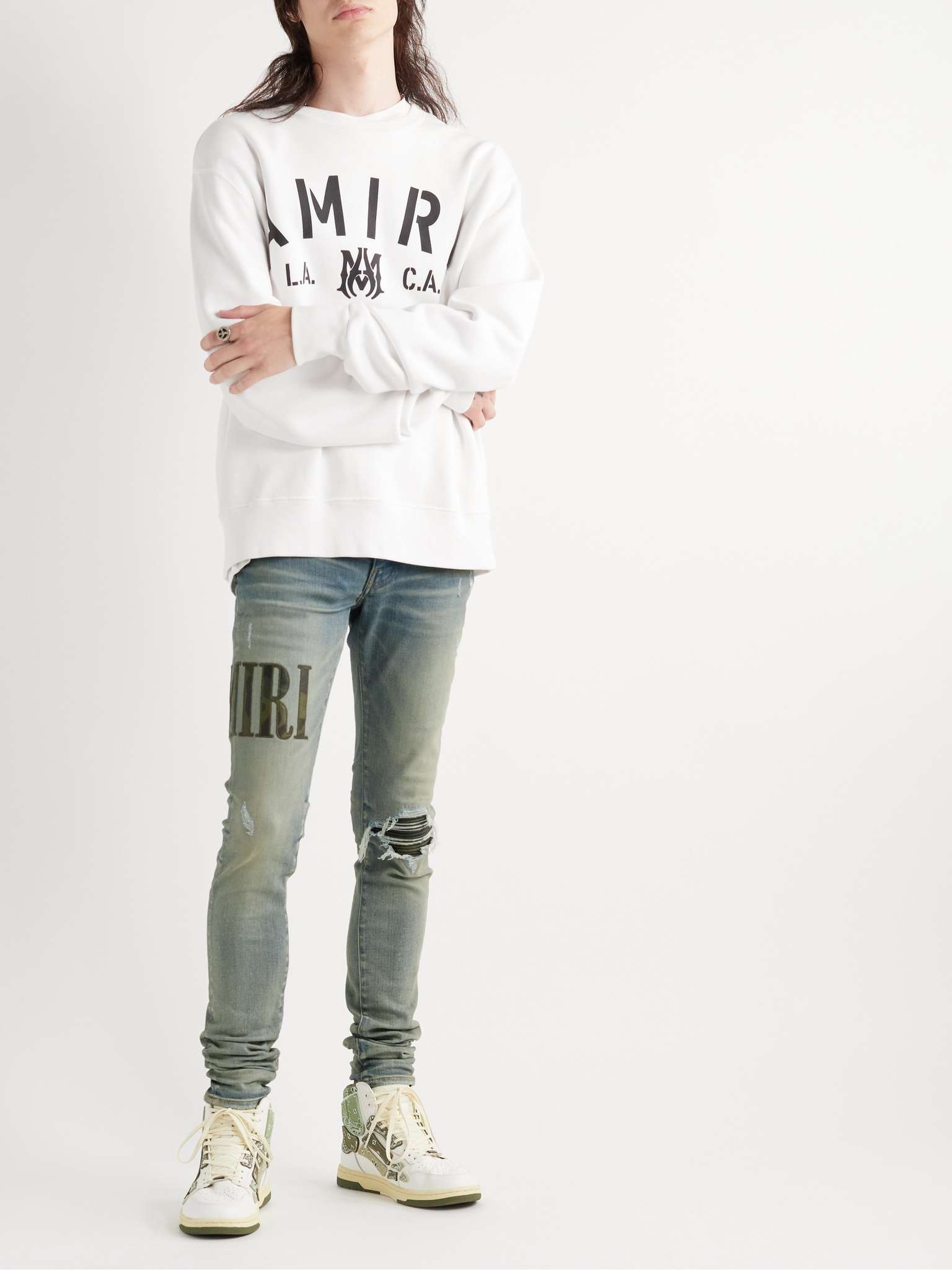 Skinny-Fit Leather-Trimmed Distressed Jeans - 2