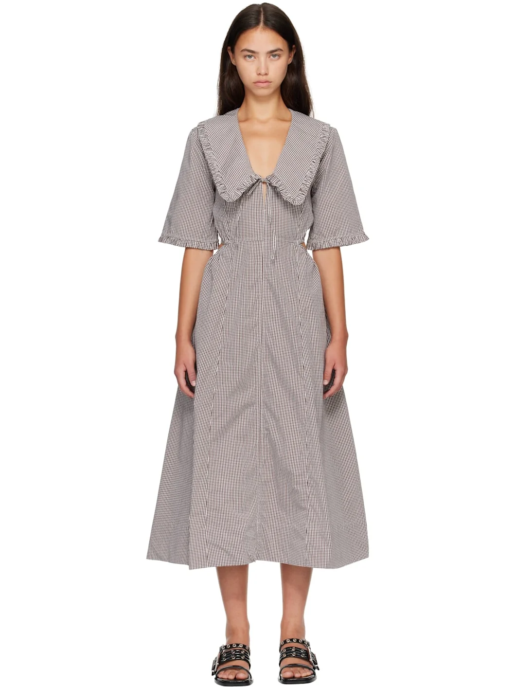 Brown & White Check Cotton Cut Out Midi Dress - 1
