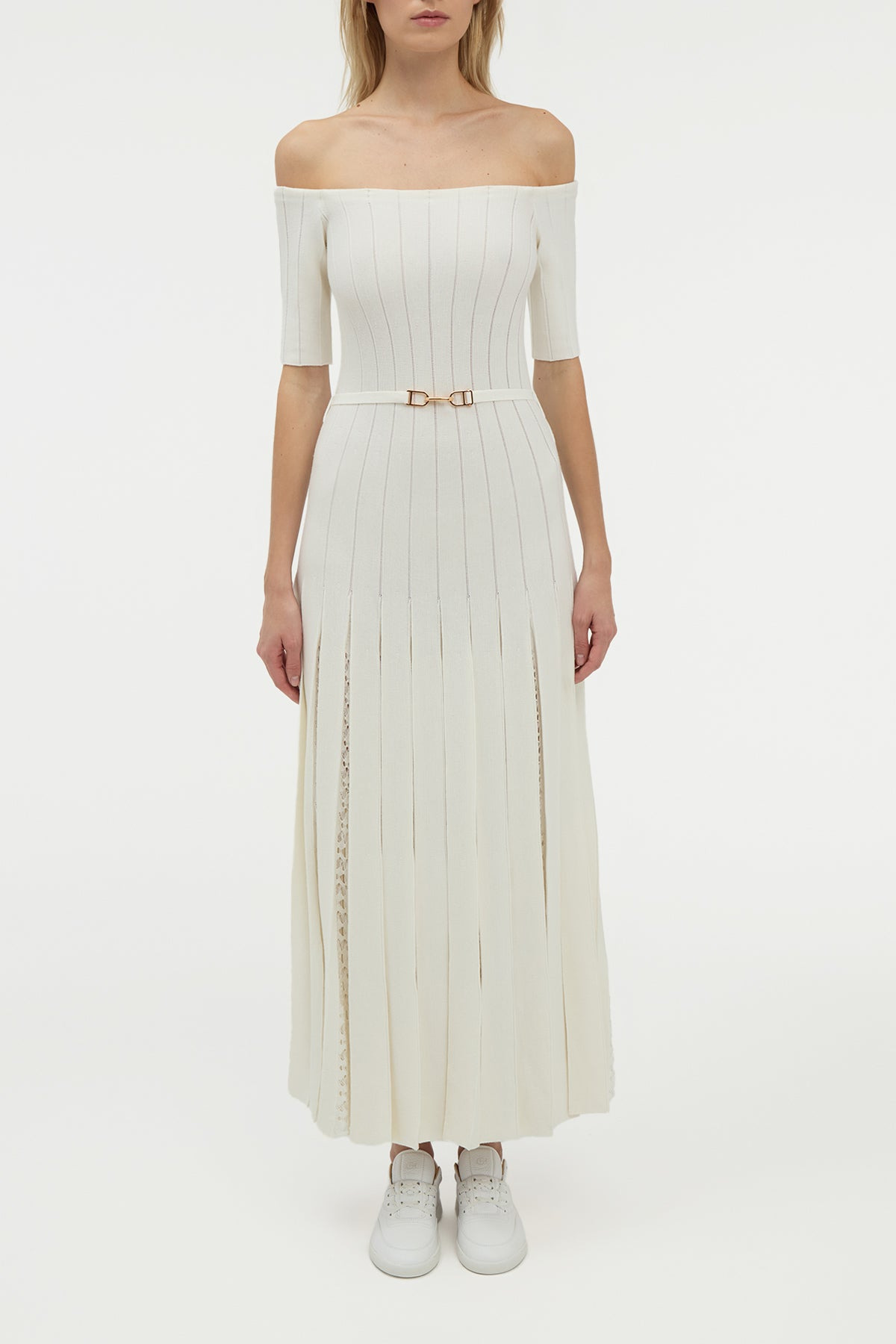 Kurt Pleated Knit Dress in Ivory Merino Wool - 3