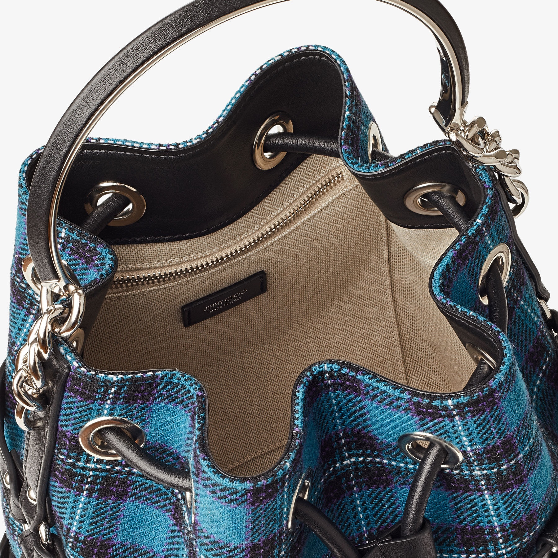 Bon Bon Bucket
Peacock Fabric and Calf Leather Bucket Bag with Harness - 5