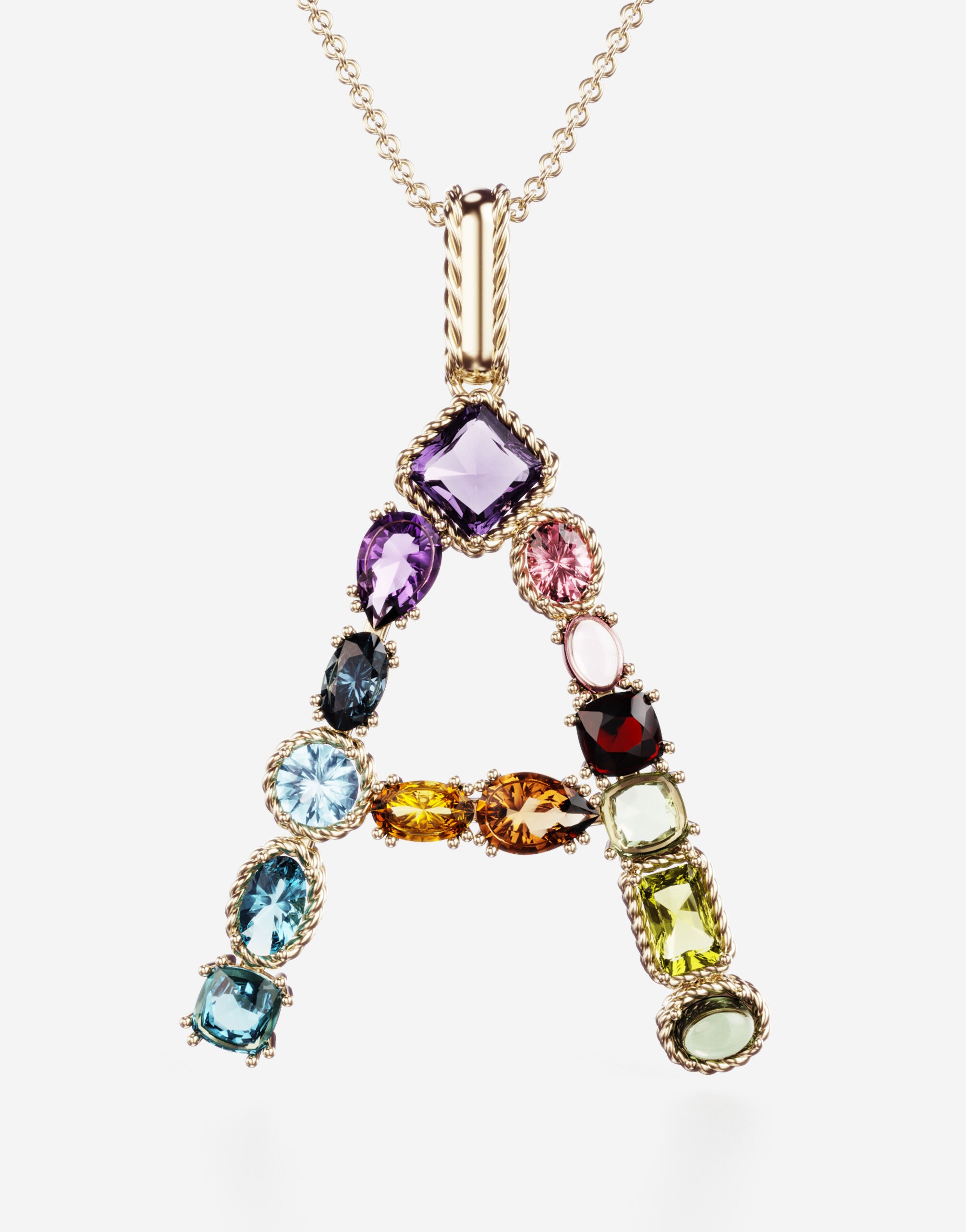 Rainbow alphabet A pendant in yellow gold with multicolor fine gems - 2