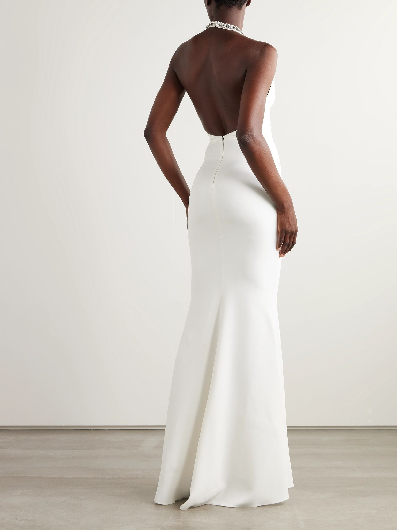 Crystal-embellished satin-crepe halterneck gown Ivory - 3