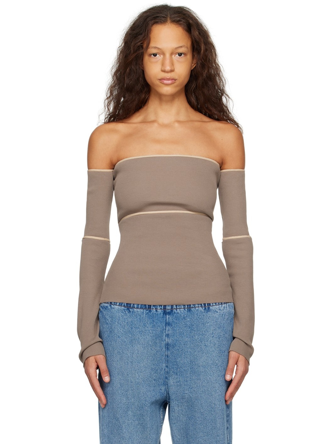 Taupe Off-The-Shoulder Blouse - 1