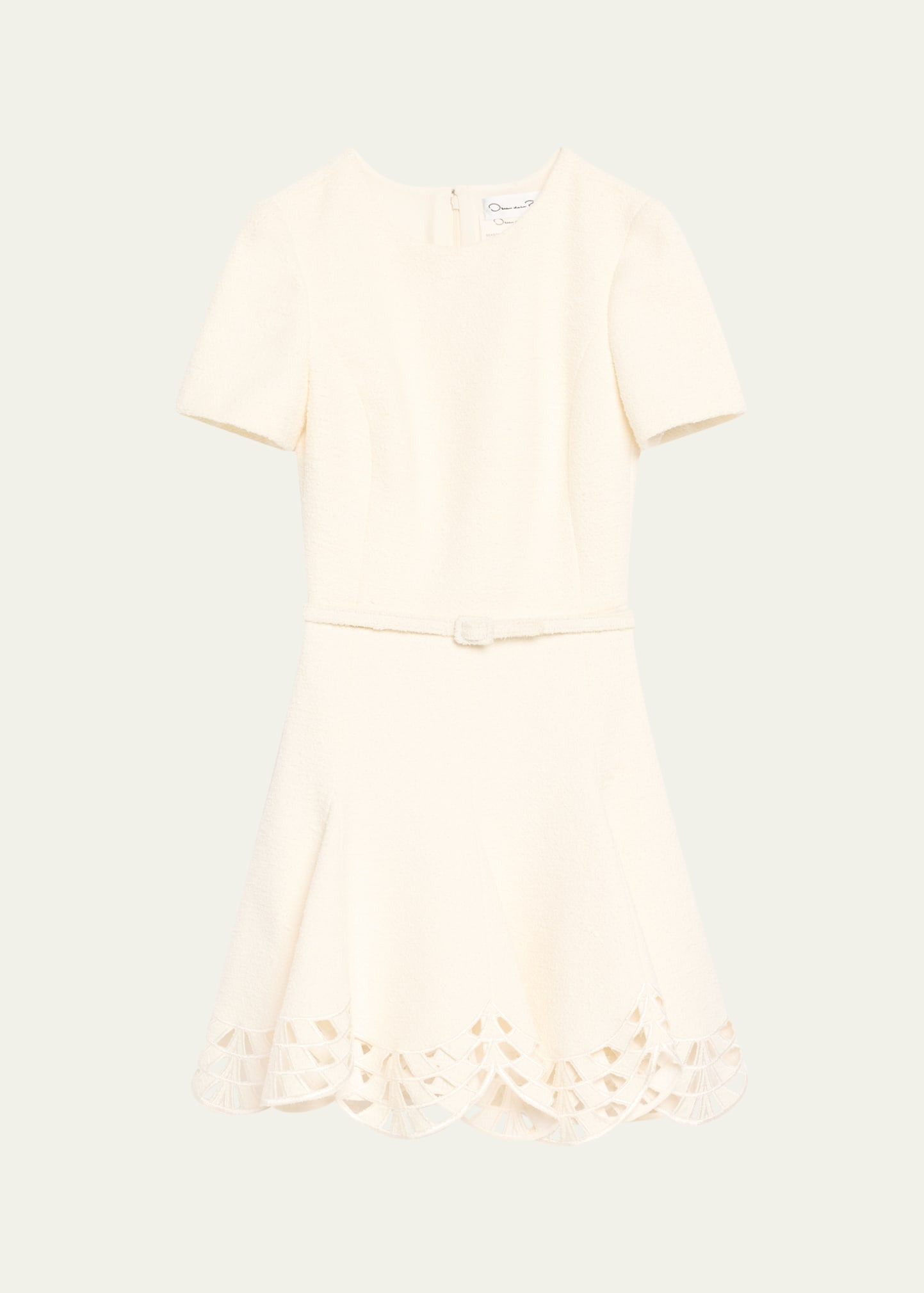 Short-Sleeve Cutout-Hem Tweed Mini Dress With Belt - 1