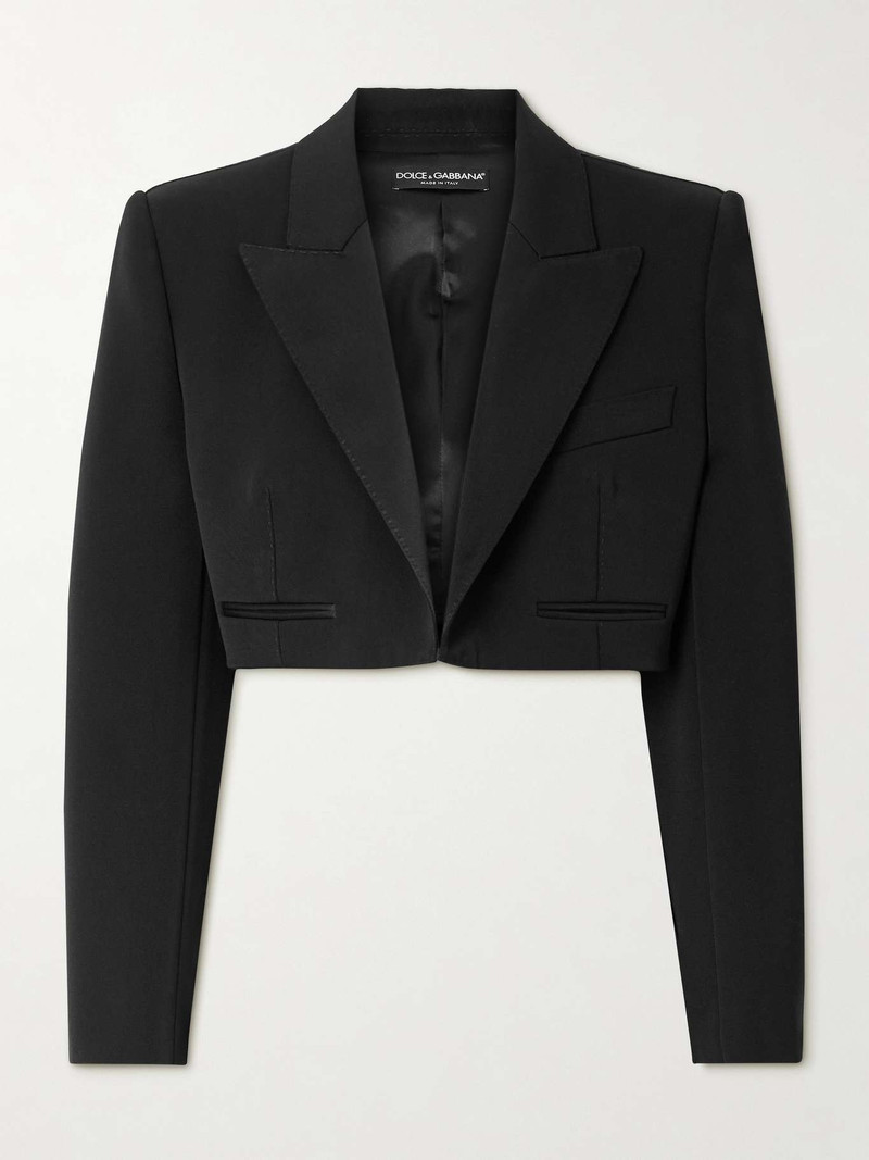 Cropped satin-trimmed wool-blend gabardine blazer - 1