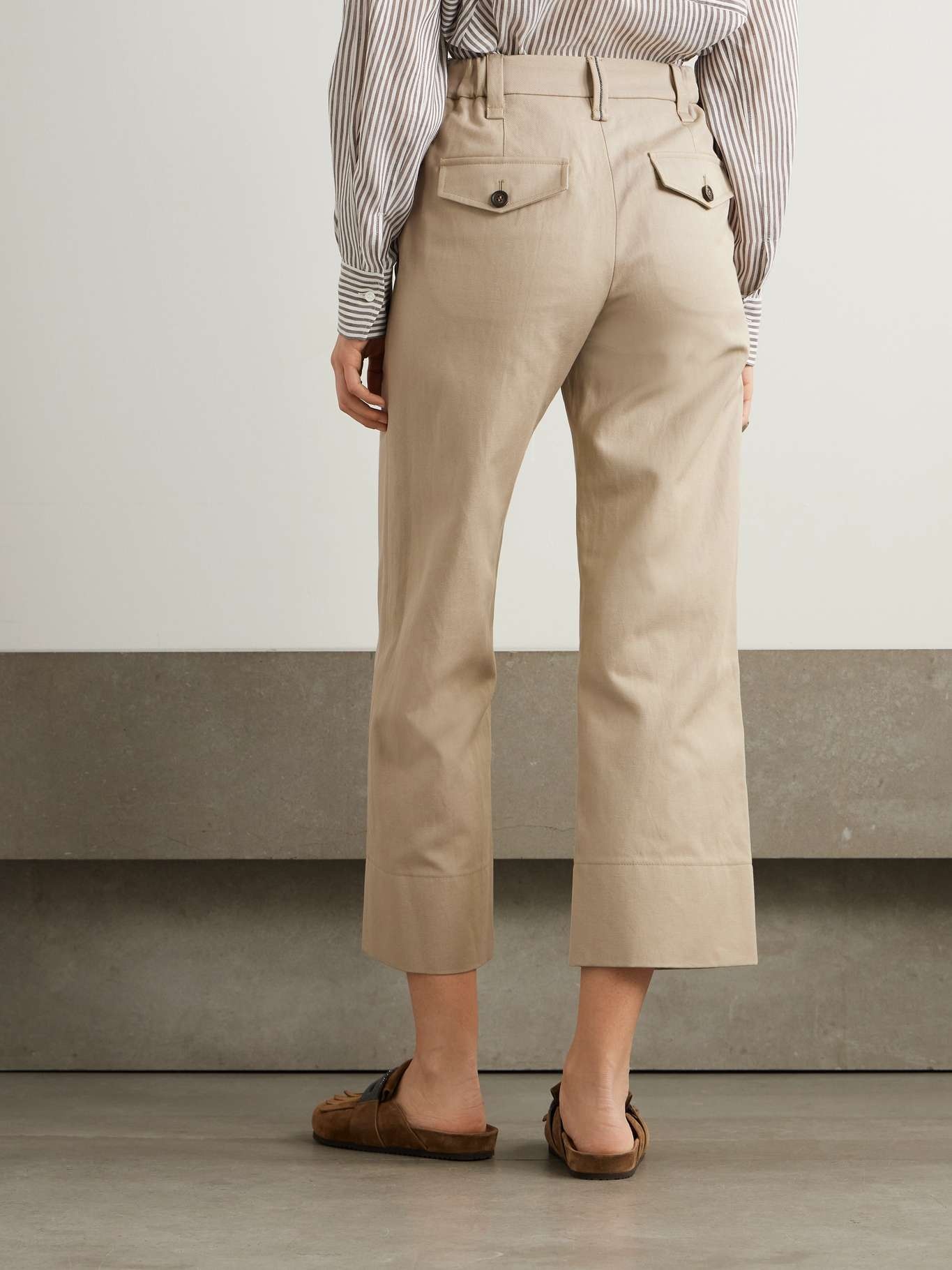 Bead-embellished cropped cotton and linen-blend twill straight-leg pants Beige - 4