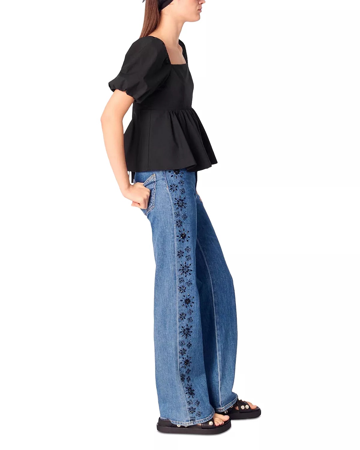 Embroidered Rhinestone High Rise Jeans in Blue - 7
