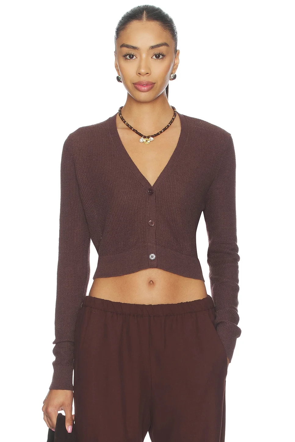 Linen Open Knit Cropped V-neck Cardigan - 1