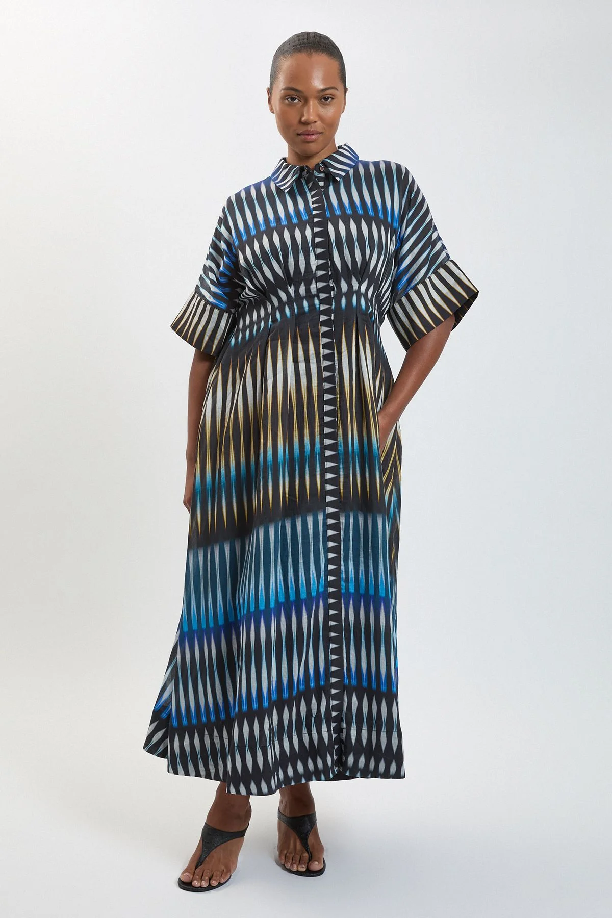 Plus Size Stripe Collared Woven Midi Dress - 1