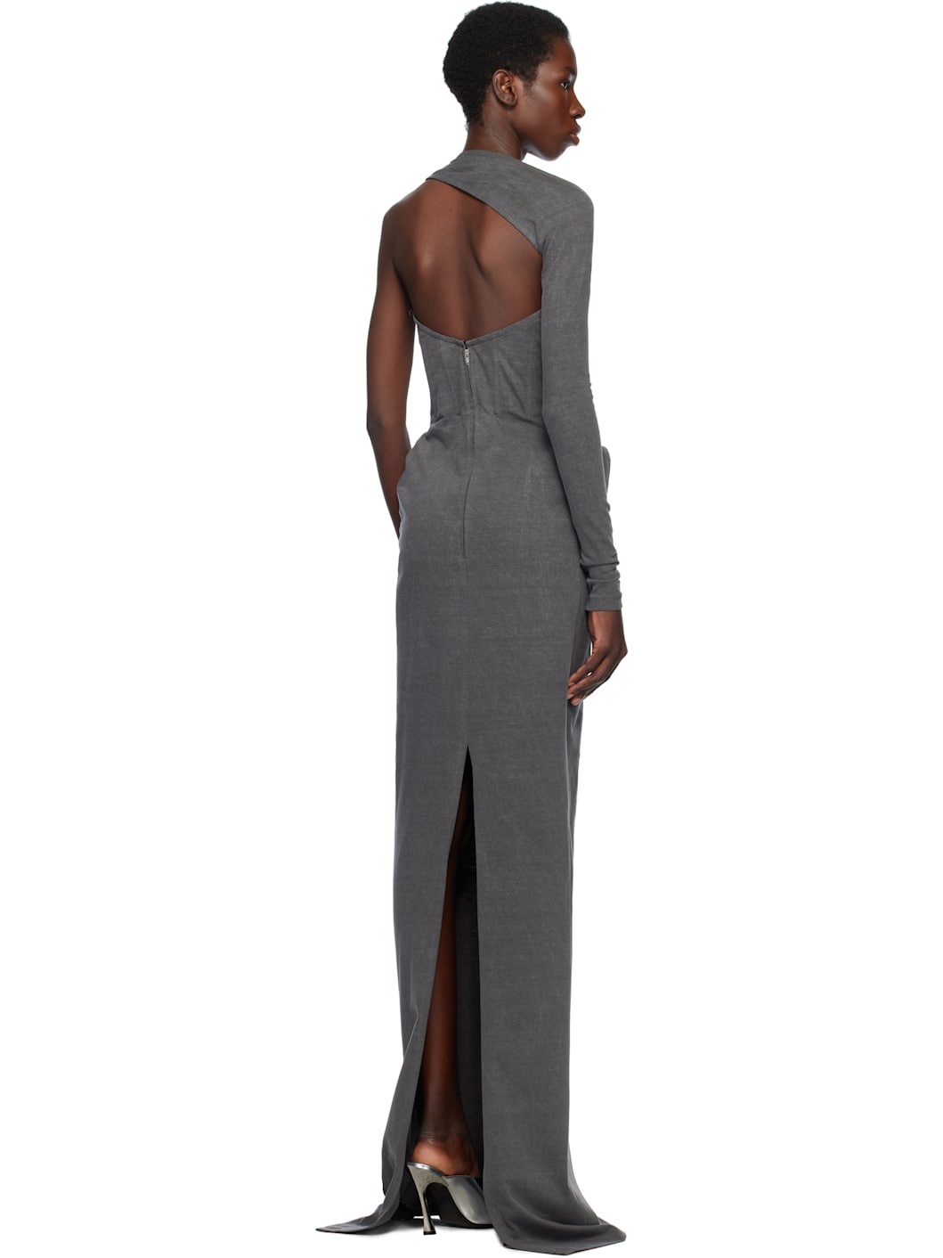 Gray Asymmetric Darted Slim Maxi Dress - 3