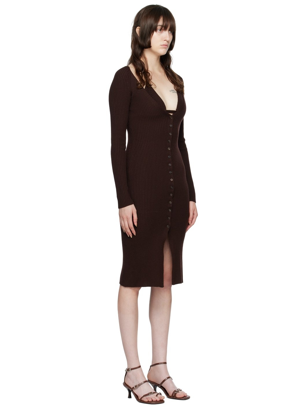 Brown Ribbed Midi Dress - 2