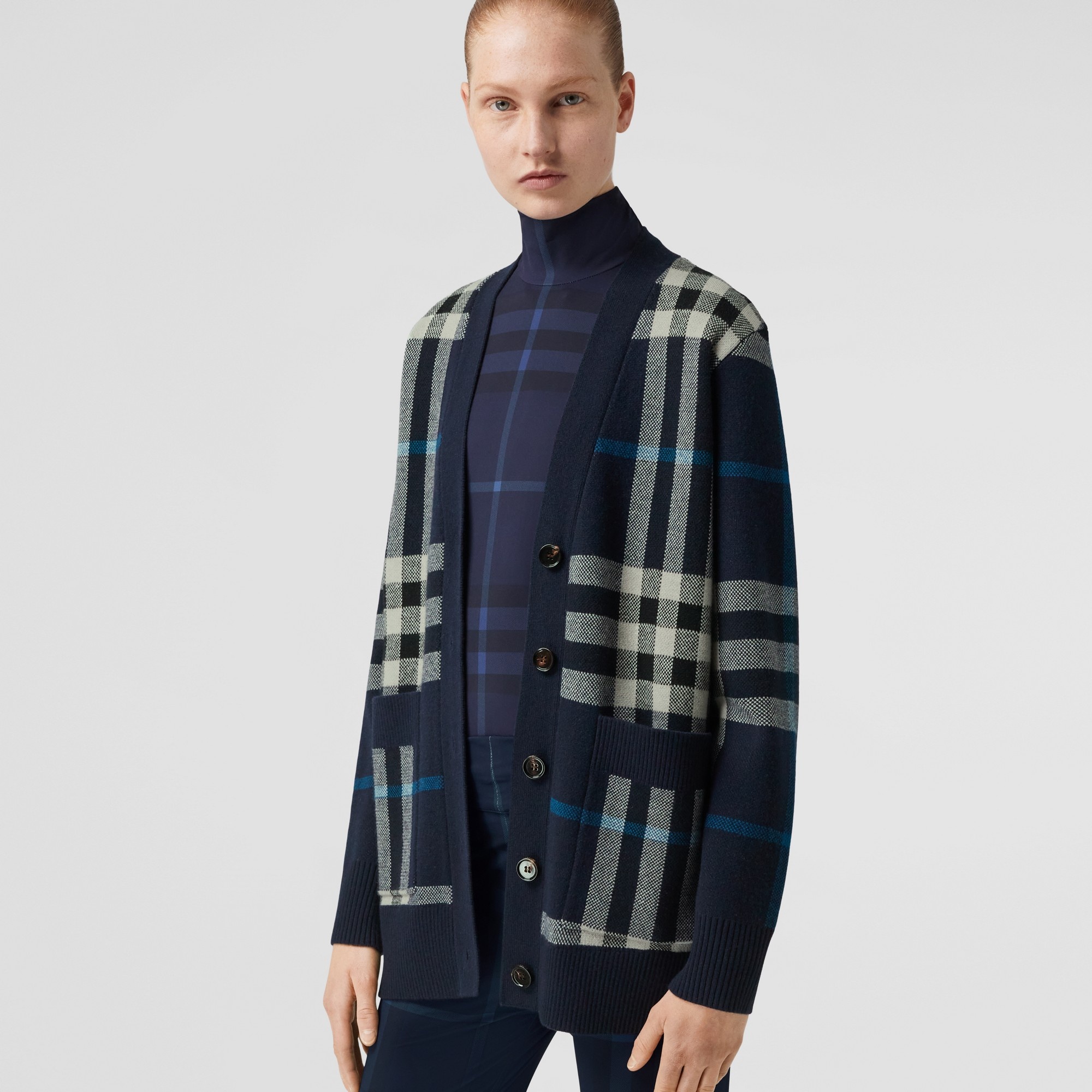 Check Wool Cashmere Jacquard Oversized Cardigan - 2