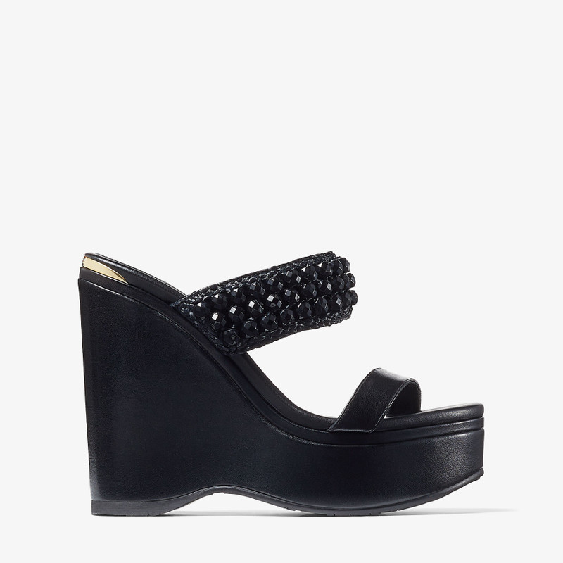 Amoure Wedge 130 Black Nappa Leather Wedge Sandals with Beaded Raffia - 1