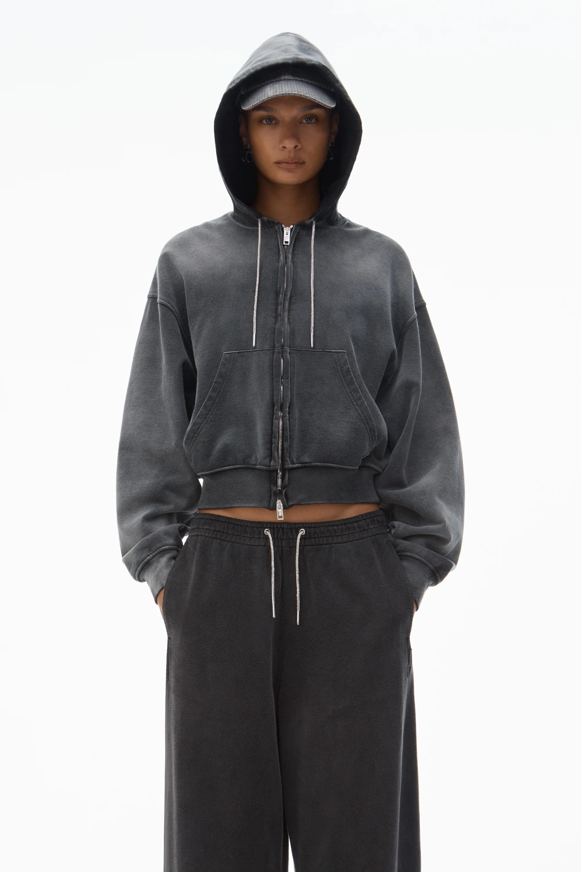 Alexander Wang Cropped Zip-Up Hoodie with Crystal Hotfix Drawcord