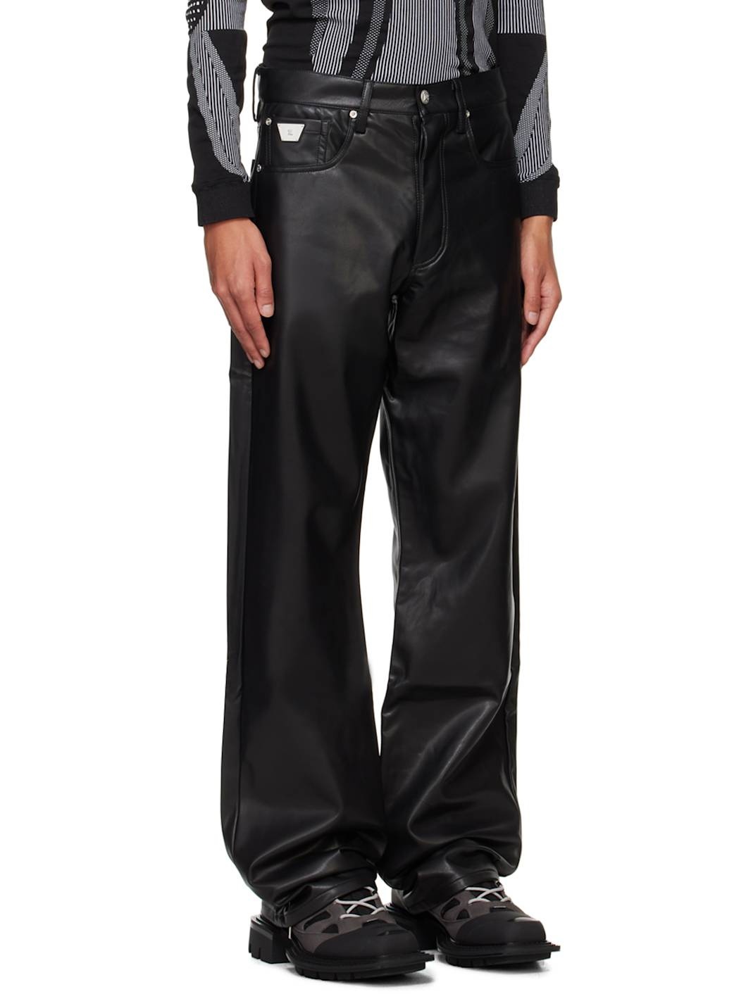 Black Button-Fly Faux-Leather Trousers - 2