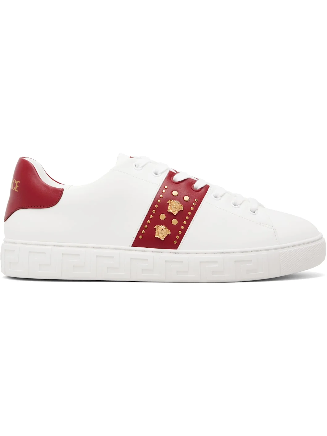 White & Red Greca Embellished Faux-Leather Sneakers - 1