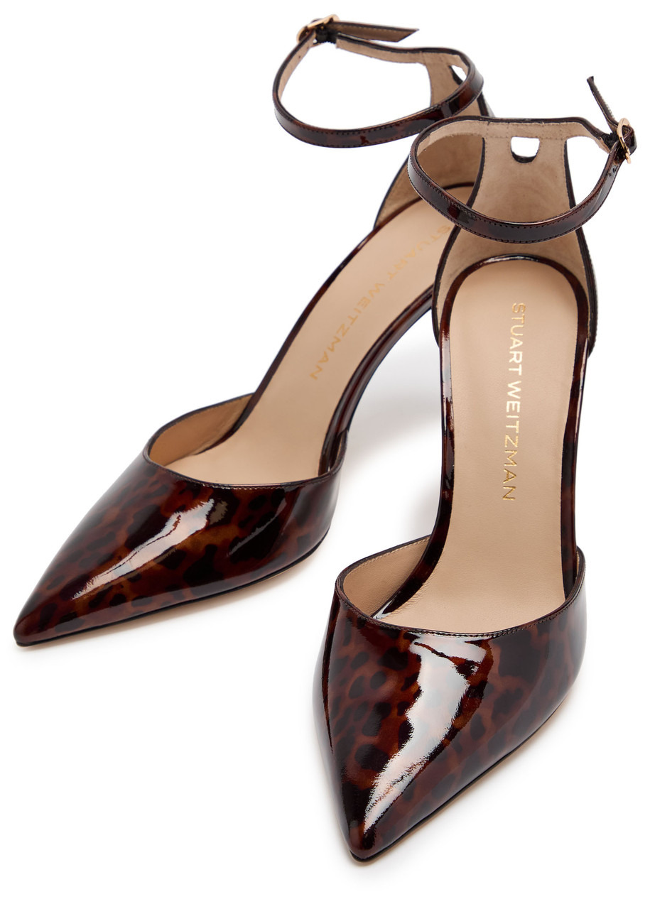 Stuart Weitzman Stuart Power Strap 85 Leopard-print Patent Leather Pumps - 3