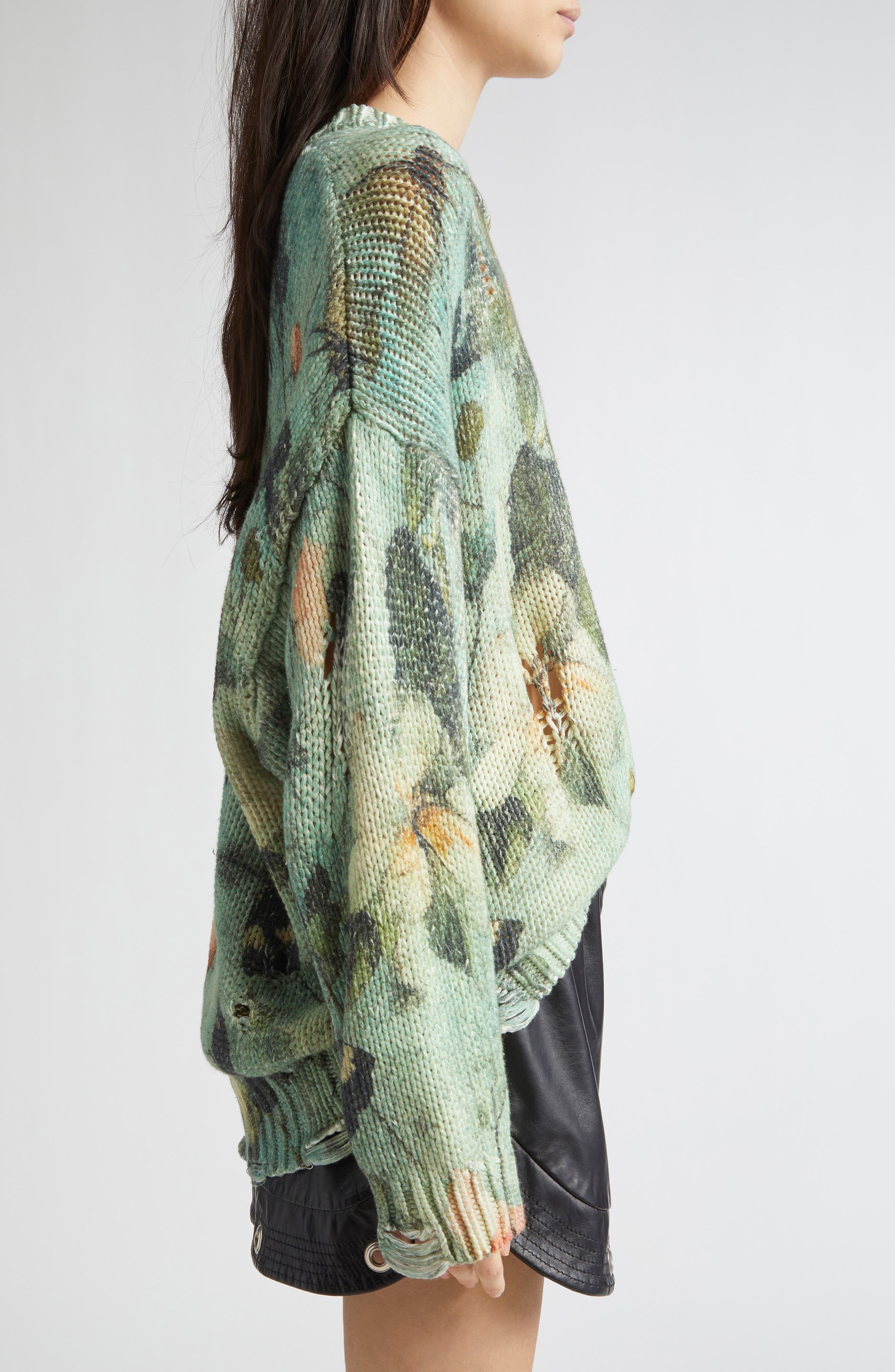 R13 Ripped Floral Oversize Cotton Sweater in Turquoise Floral at Nordstrom - 4