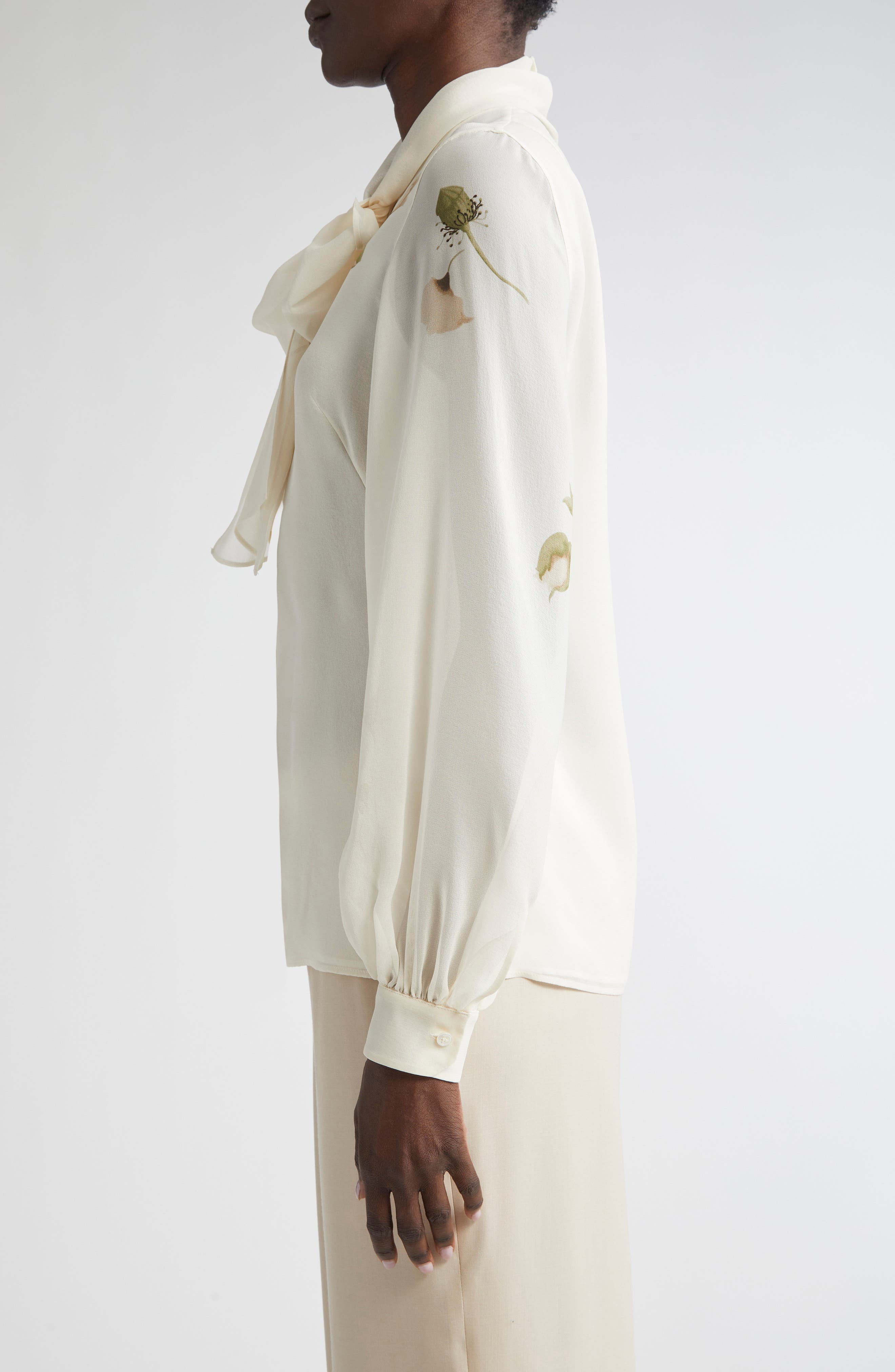 Akris Anemone Print Silk Georgette Tie Neck Shirt in Greige-Ecru at Nordstrom - 4