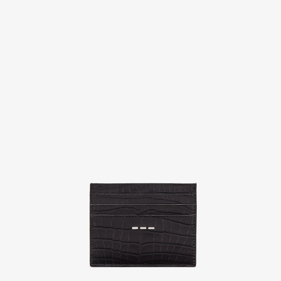 Card holder with six slots and flat central pocket. Made of black satin finish alligator. Metal Stit - 1