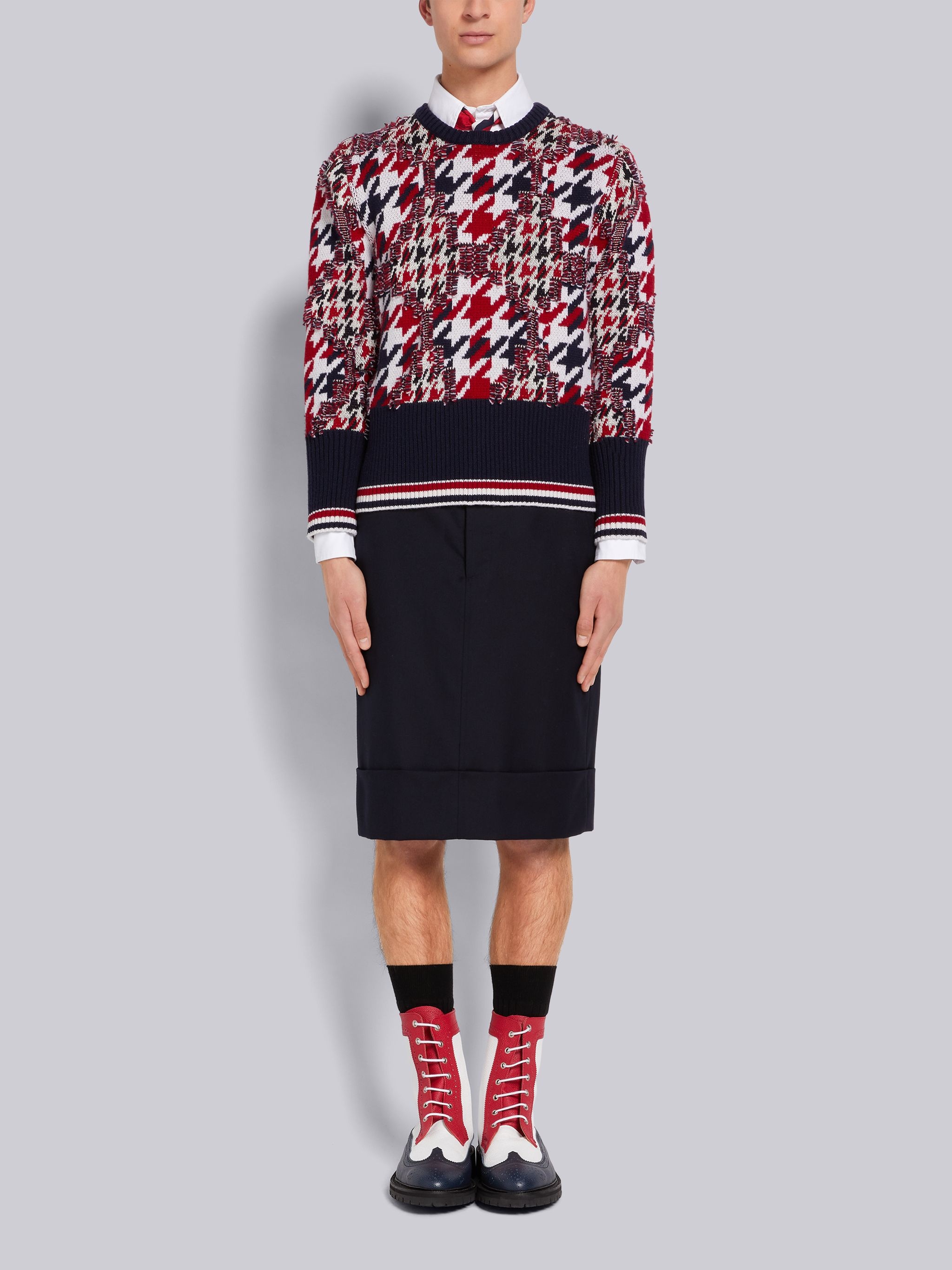 Multicolor Frayed Houndstooth Jacquard Tipping Stripe Pullover - 4