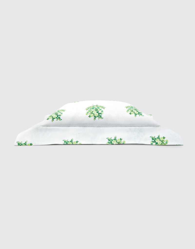 Amalia Pillow Slip in Green Floral Print on White Linen 3