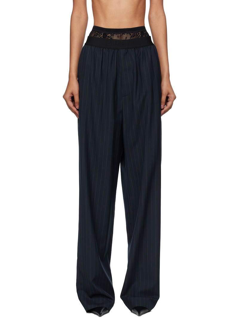 Navy Elastic Pinstripe Trousers - 1