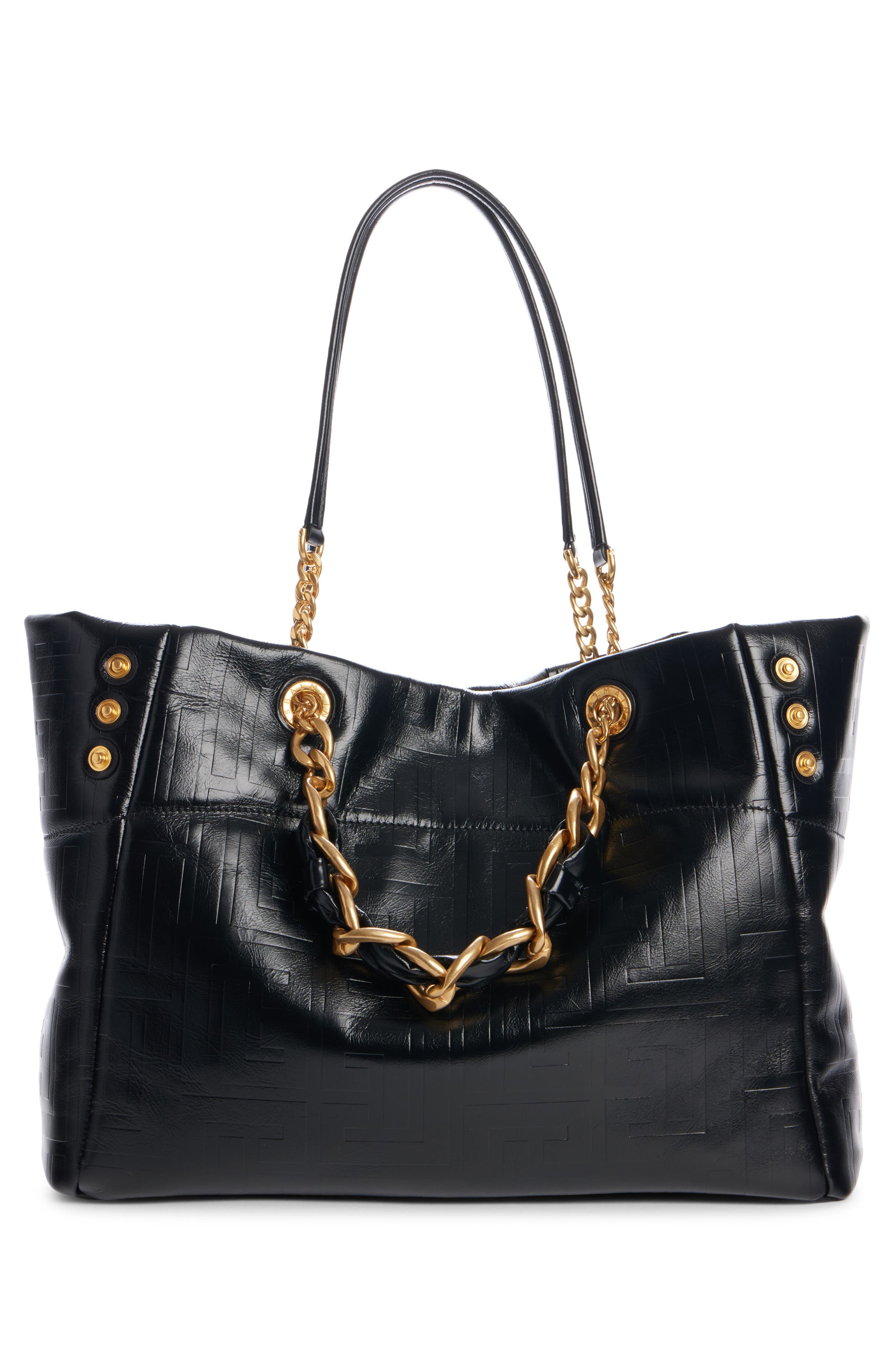 Balmain Small 1945 Monogram Embossed Soft Leather Tote in 0Pa Black at Nordstrom - 4