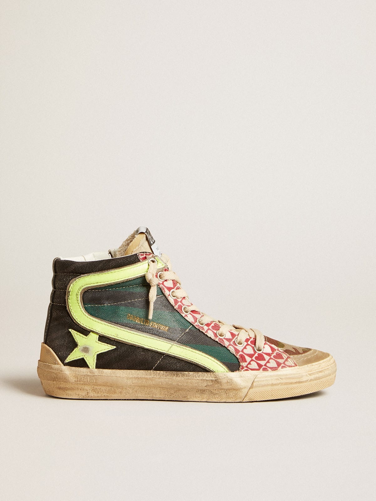 Golden Goose Men's Slide LAB in camo canvas with yellow leather star and  flash | REVERSIBLE