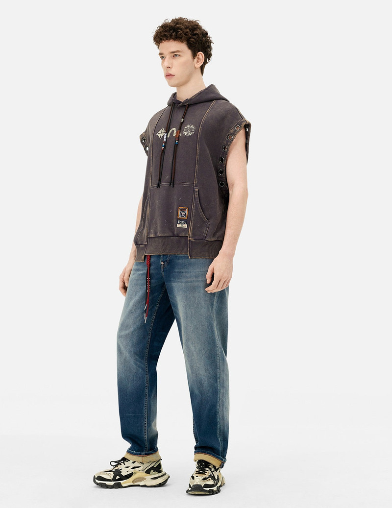 Washed Deconstructed Totem Kamon Embroidery Fashion Fit Hoodie Vest 3