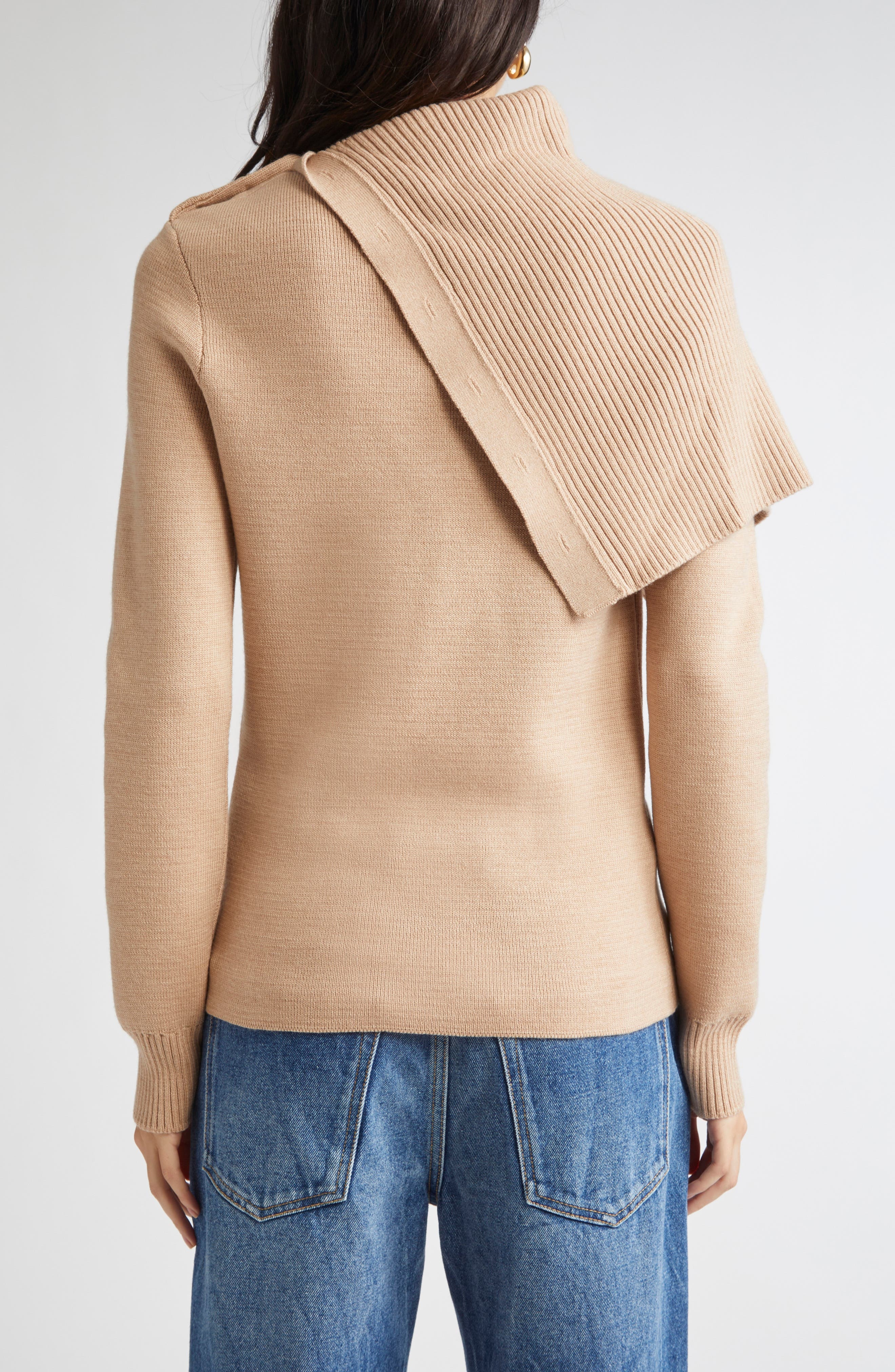 Rabanne Drape Shoulder Merino Wool Sweater in Beige at Nordstrom - 2