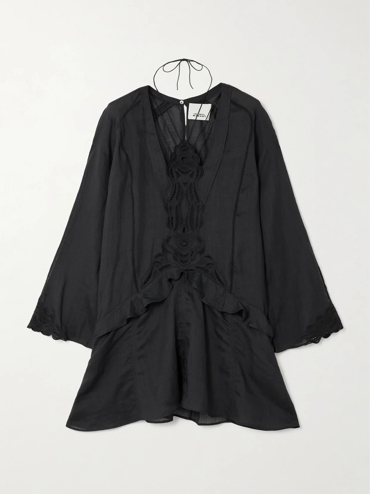 Liya Lace-trimmed Embroidered Ramie Mini Dress - 1