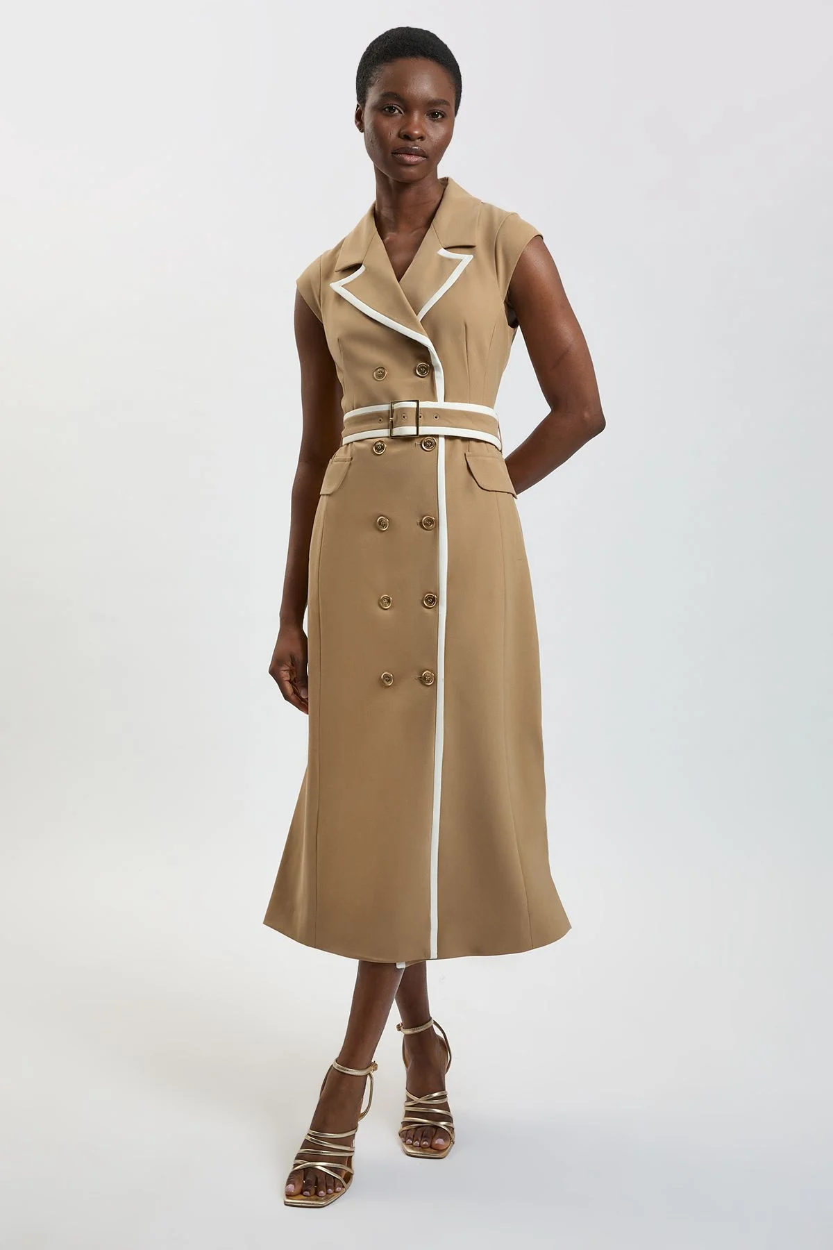 Double Breasted Belted Tipped Tailored Midi Dress - 1
