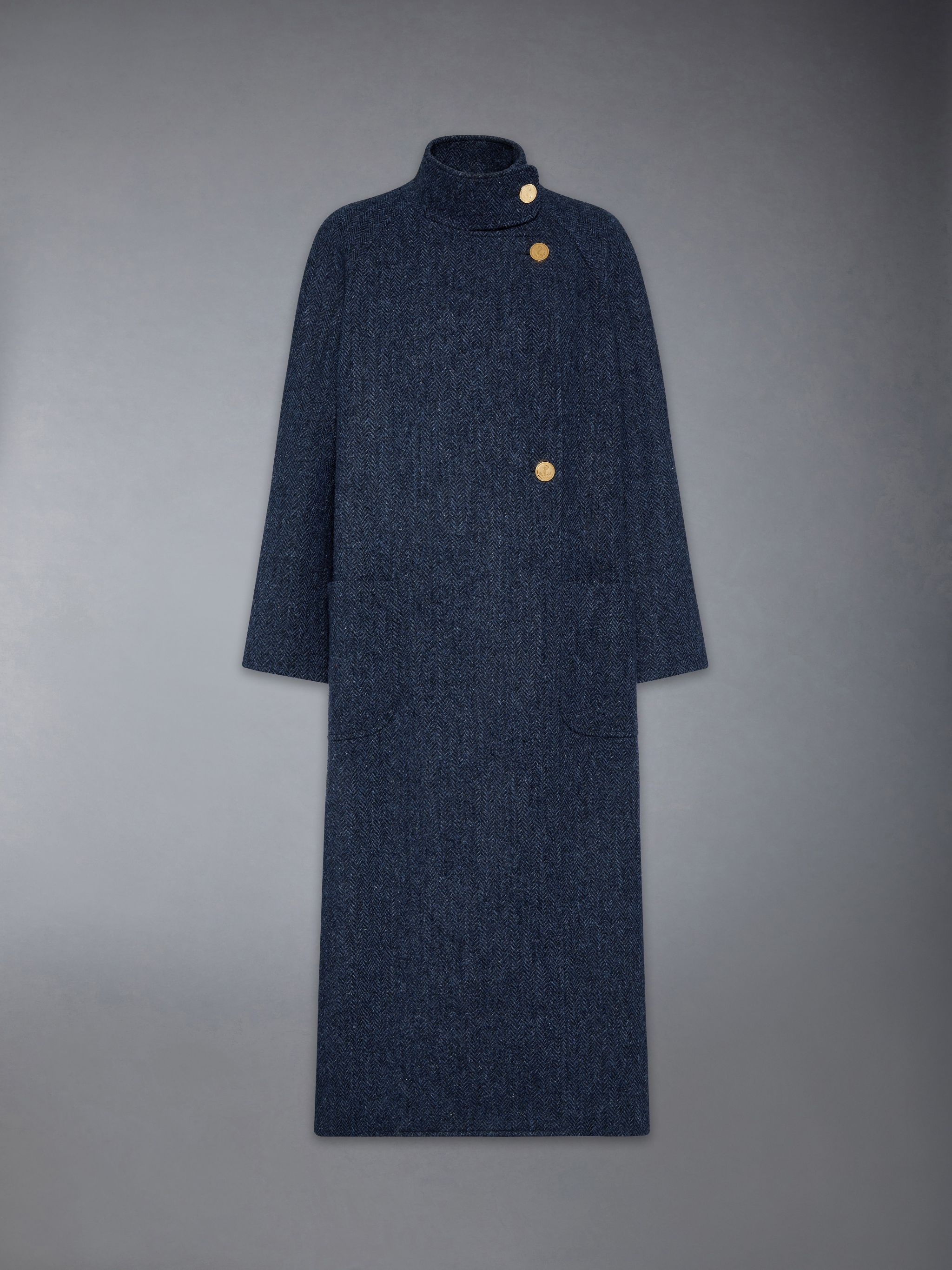 Herringbone Harris Tweed Midi Raglan Funnel Neck Coat - 7