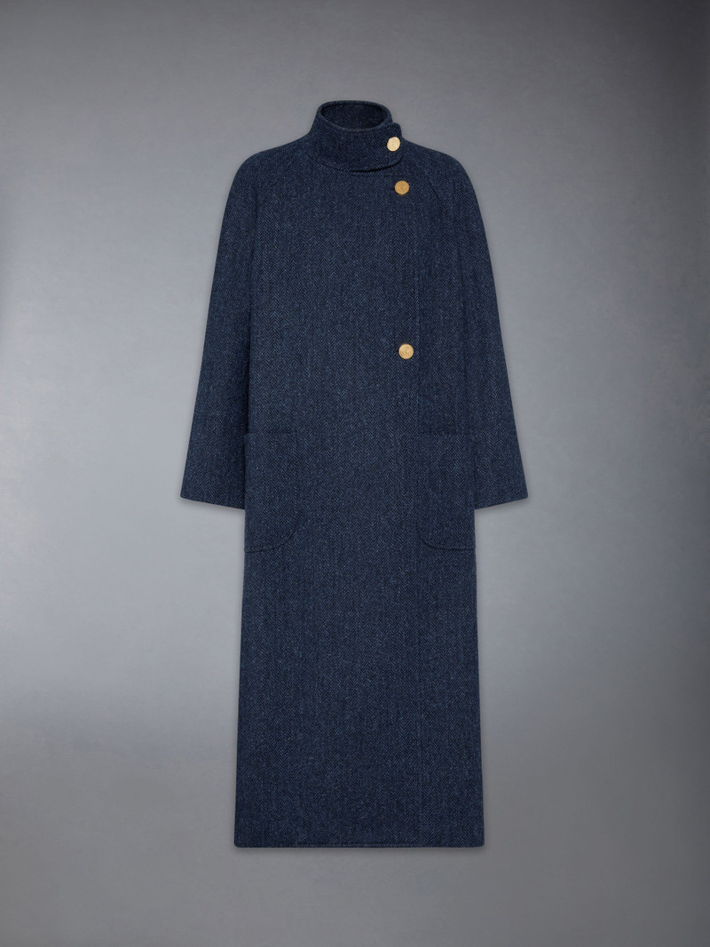 Herringbone Harris Tweed Midi Raglan Funnel Neck Coat 7