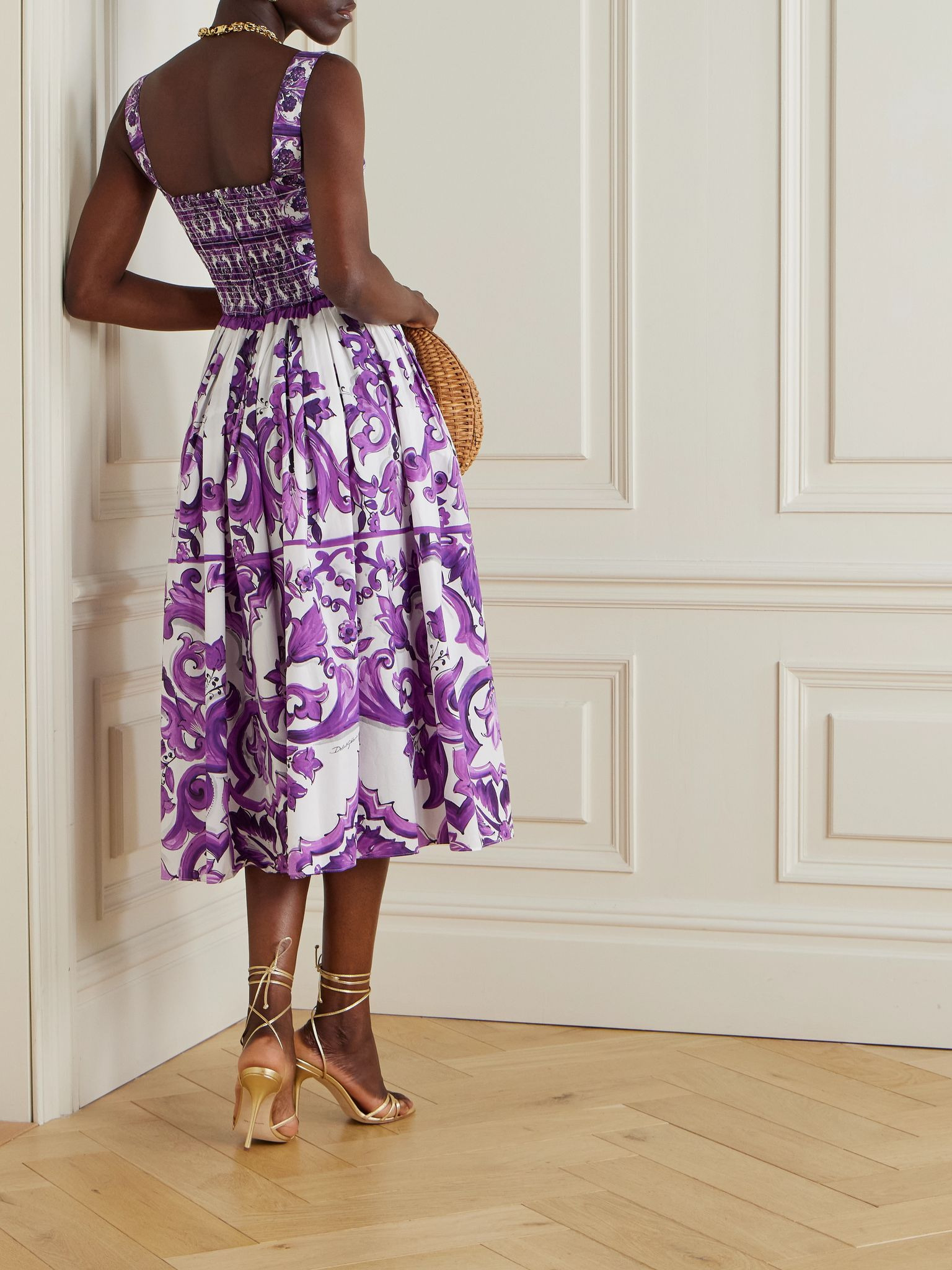 Pleated printed cotton-poplin midi dress Purple - 3